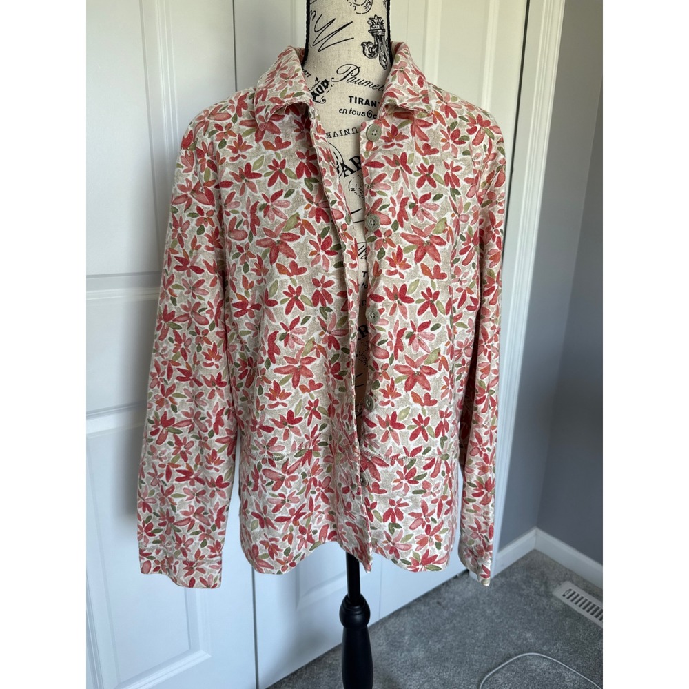 FieldGear Women XL Linen Cotton Floral Button Down Shirt Red Green Beige Shacket
